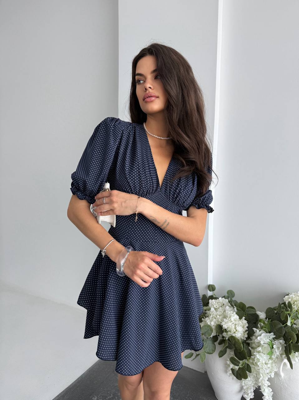 Navy Polka Dot Corset Jumpsuit Dress Puff Sleeve Zip Back