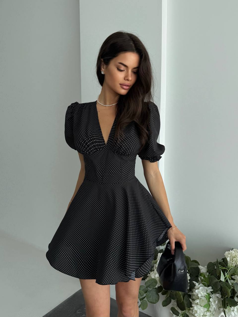 Black Polka Dot Jumpsuit Dress Women Corset Cut Puff Sleeve Zip Back Soft Fabric