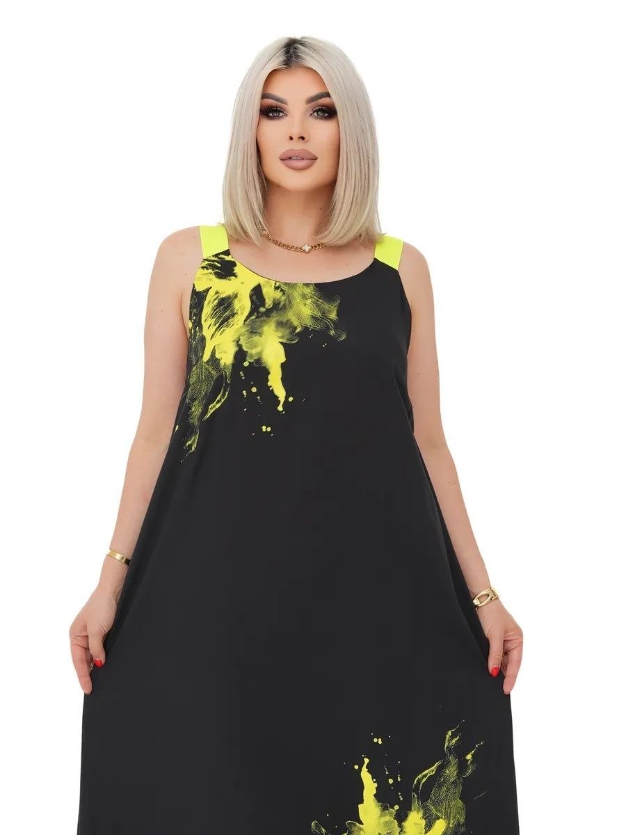 Plus Size Black Sarafan Maxi Dress with Neon Yellow Print Crinkle Crepe