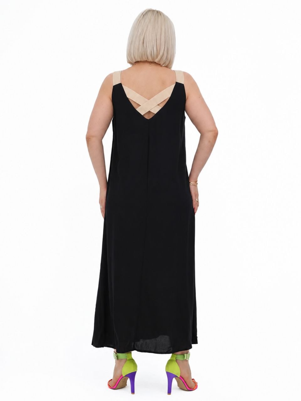 Plus Size Black Sarafan with Designer Print and Crisscross Back