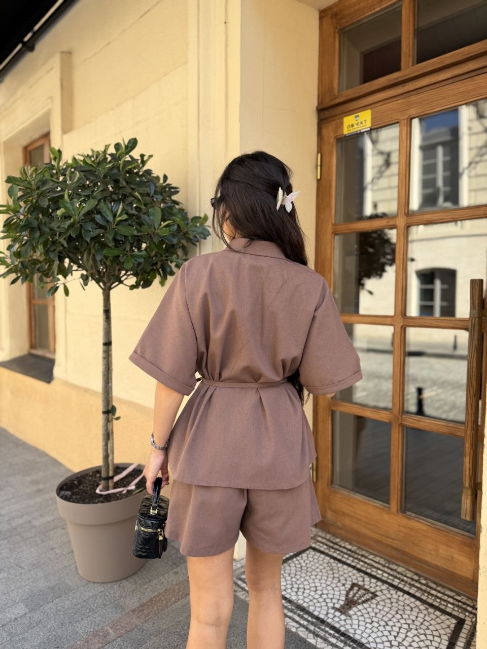Brown Linen Two Piece Set Women Oversize Shirt And Shorts Summer Suit