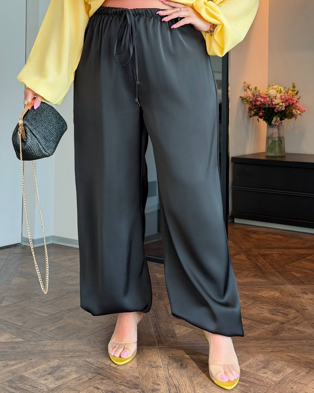 Black Aladdin Pants for Women Double Silk Harem Wide Leg Elastic Waist
