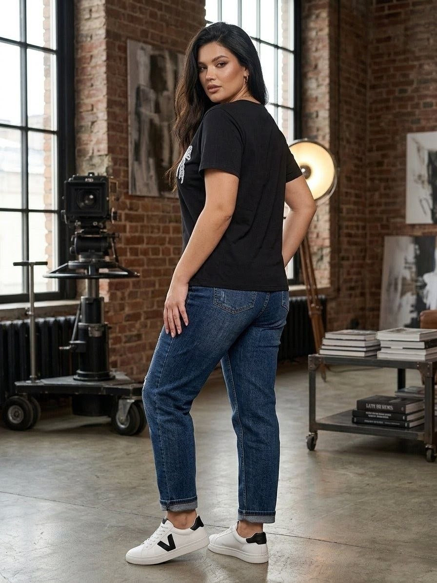 Black Women Short Sleeve T Shirt with Bow Detail Plus Size Kulir Tee