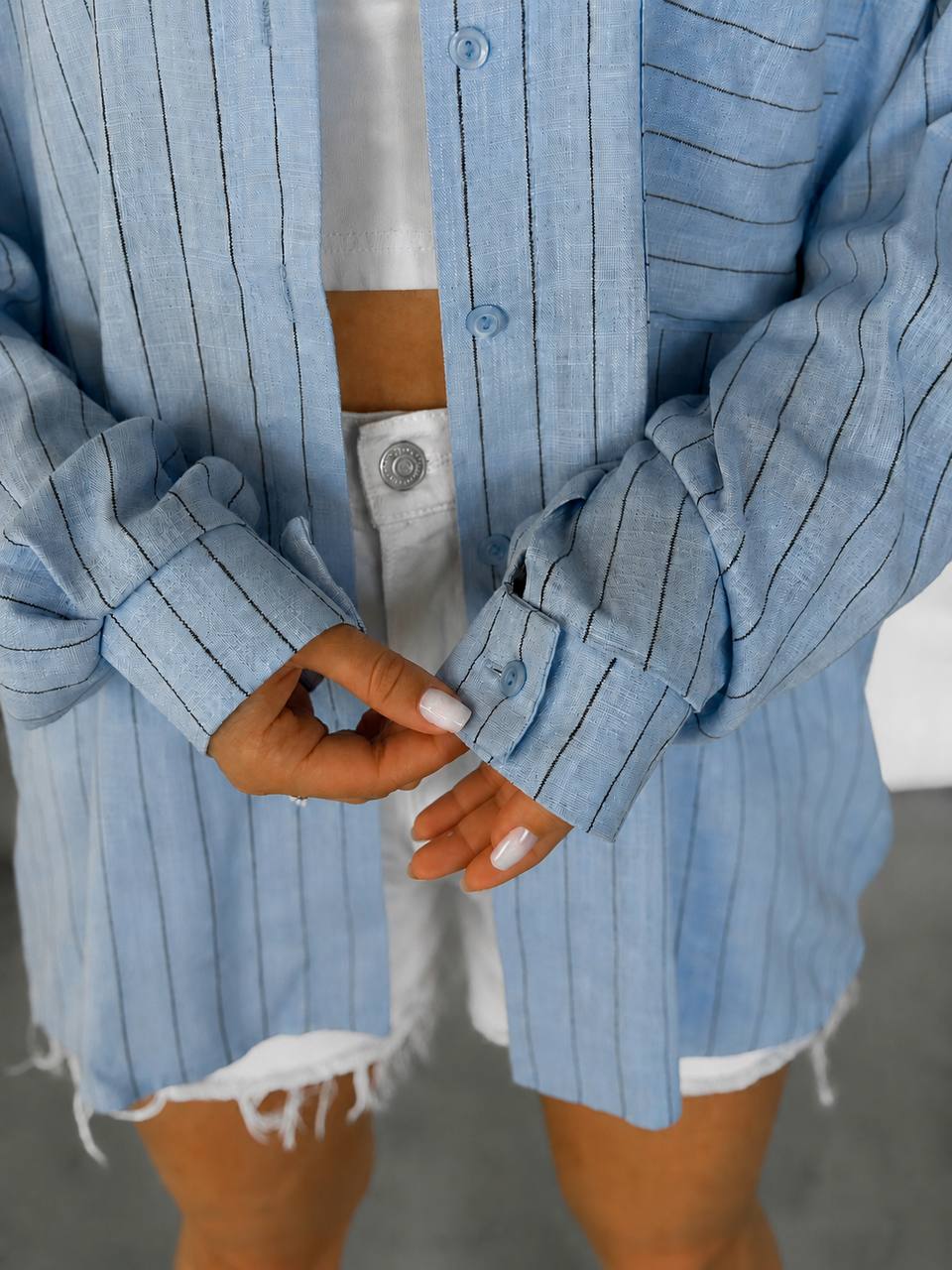 Light Blue Striped Oversized Shirt for Women Loose Fit Button Up Roll Sleeve