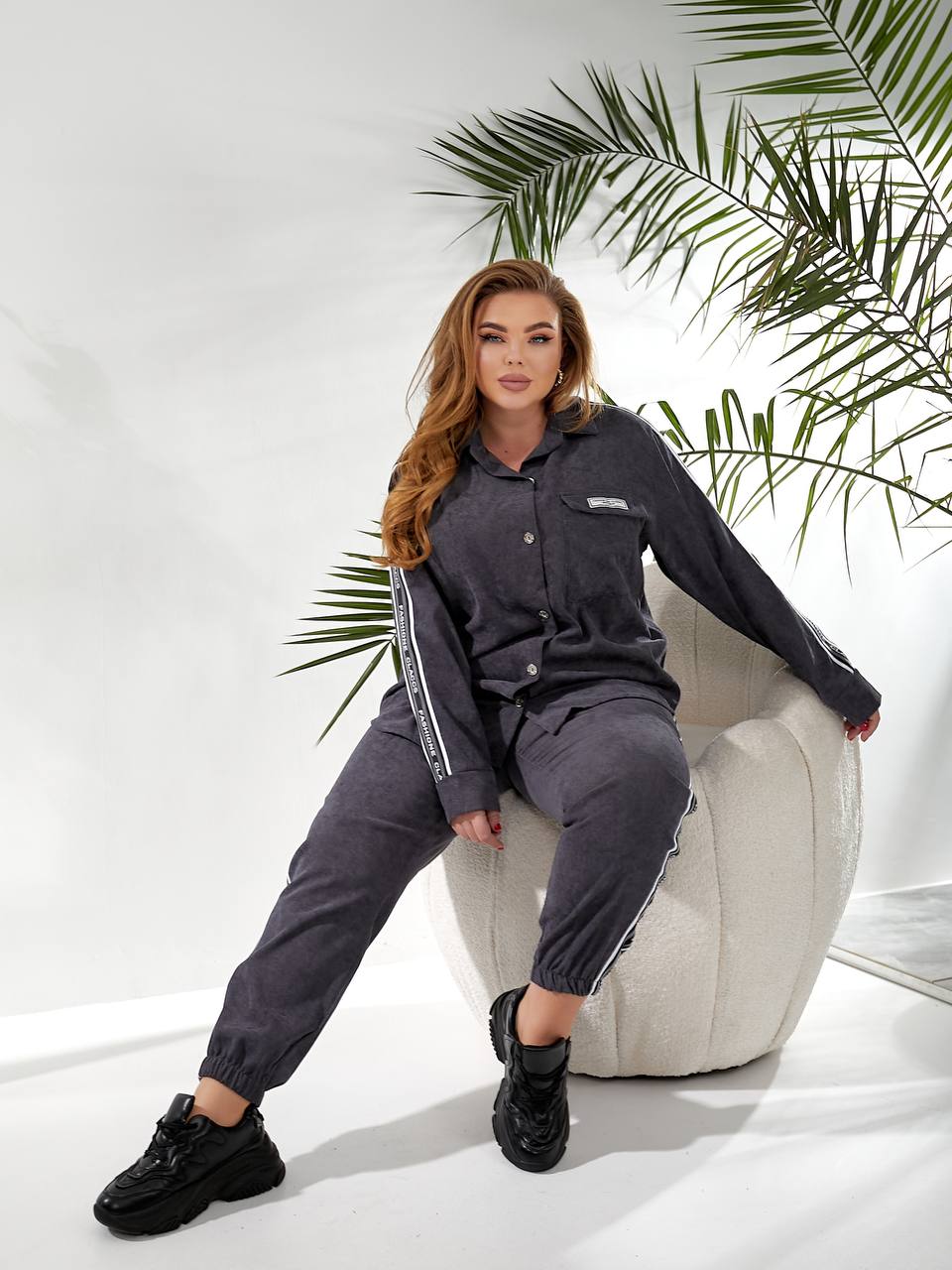 Charcoal Grey Women Two Piece Tracksuit Button Front Shirt Stripe Tape Joggers