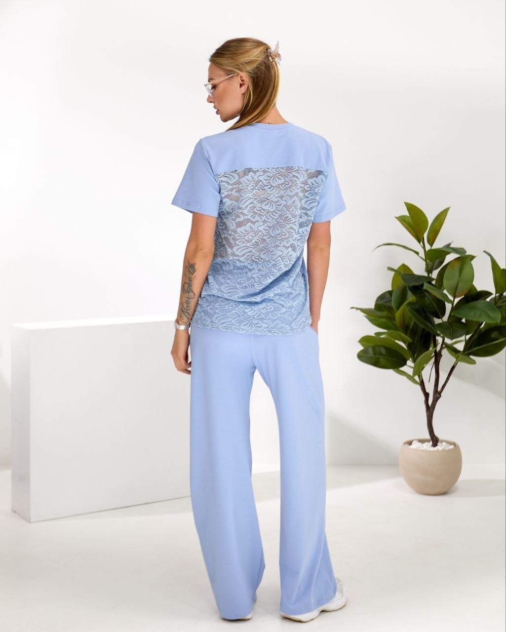 Light Blue Womens Two Piece Summer Cotton Set T Shirt and Wide Leg Pants