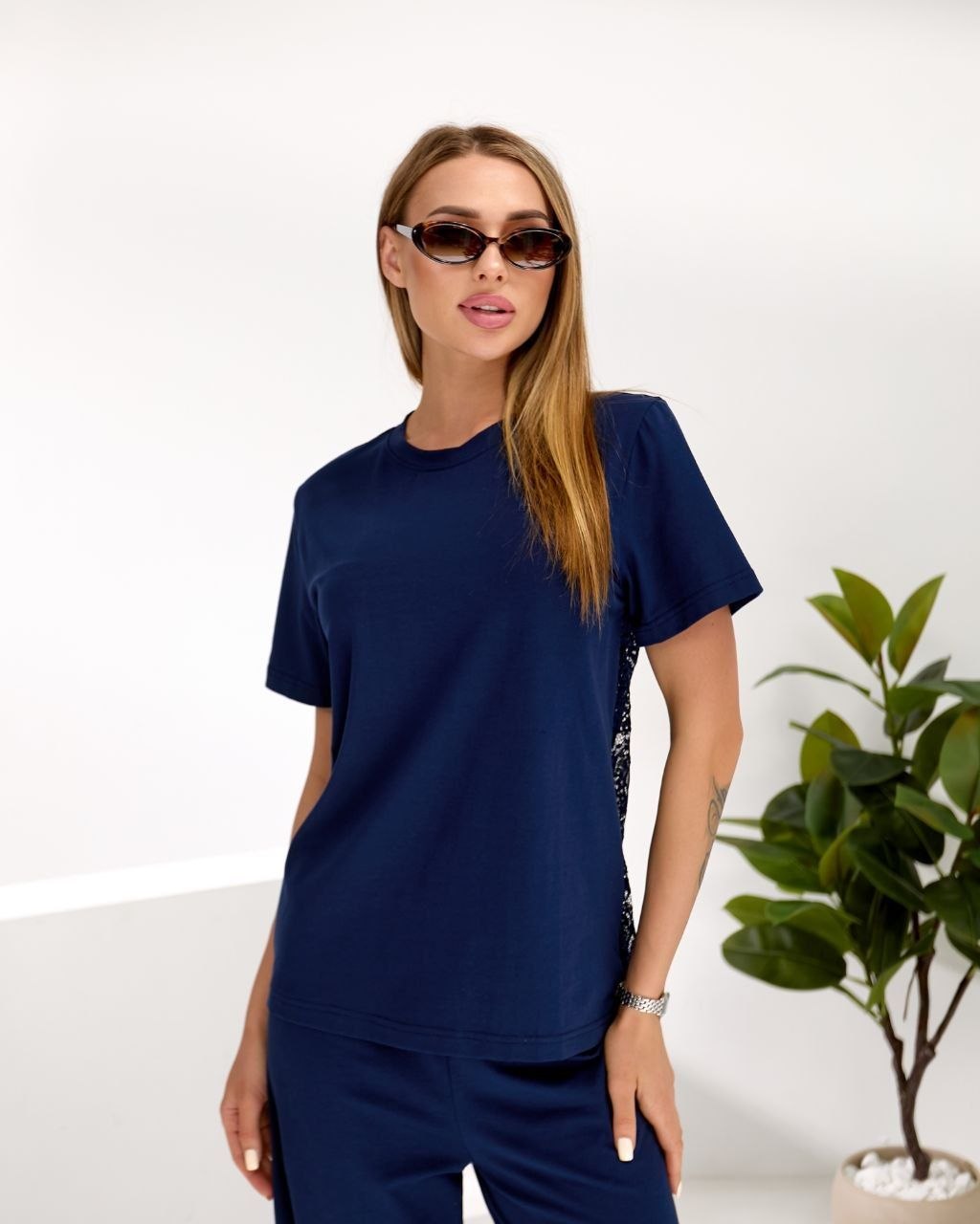 Navy Summer Two Piece Set Women Cotton T Shirt and Wide Leg Pants