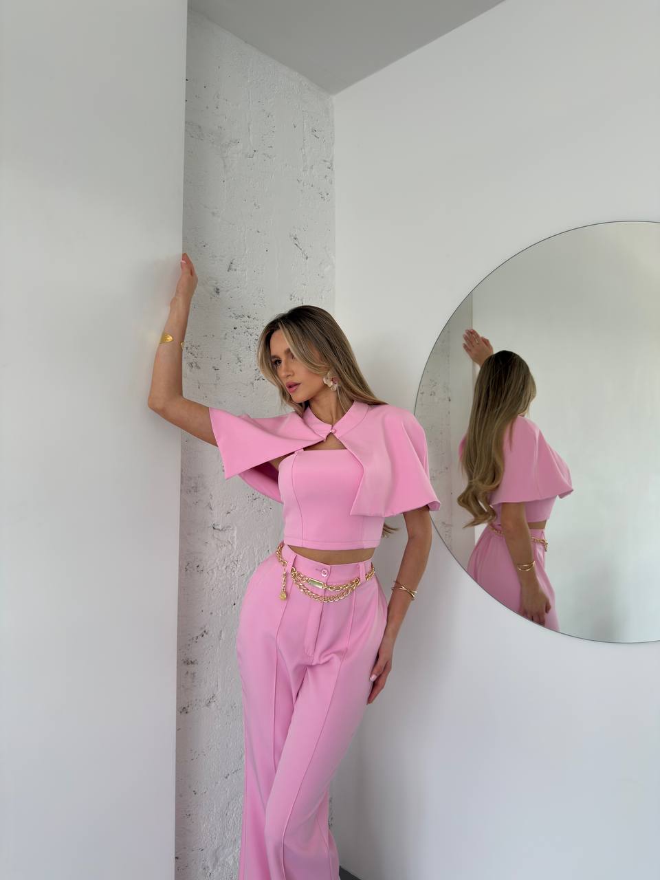 Pink Three Piece Womens Suit Cape Top Zip Crop High Waisted Flared Trousers Set