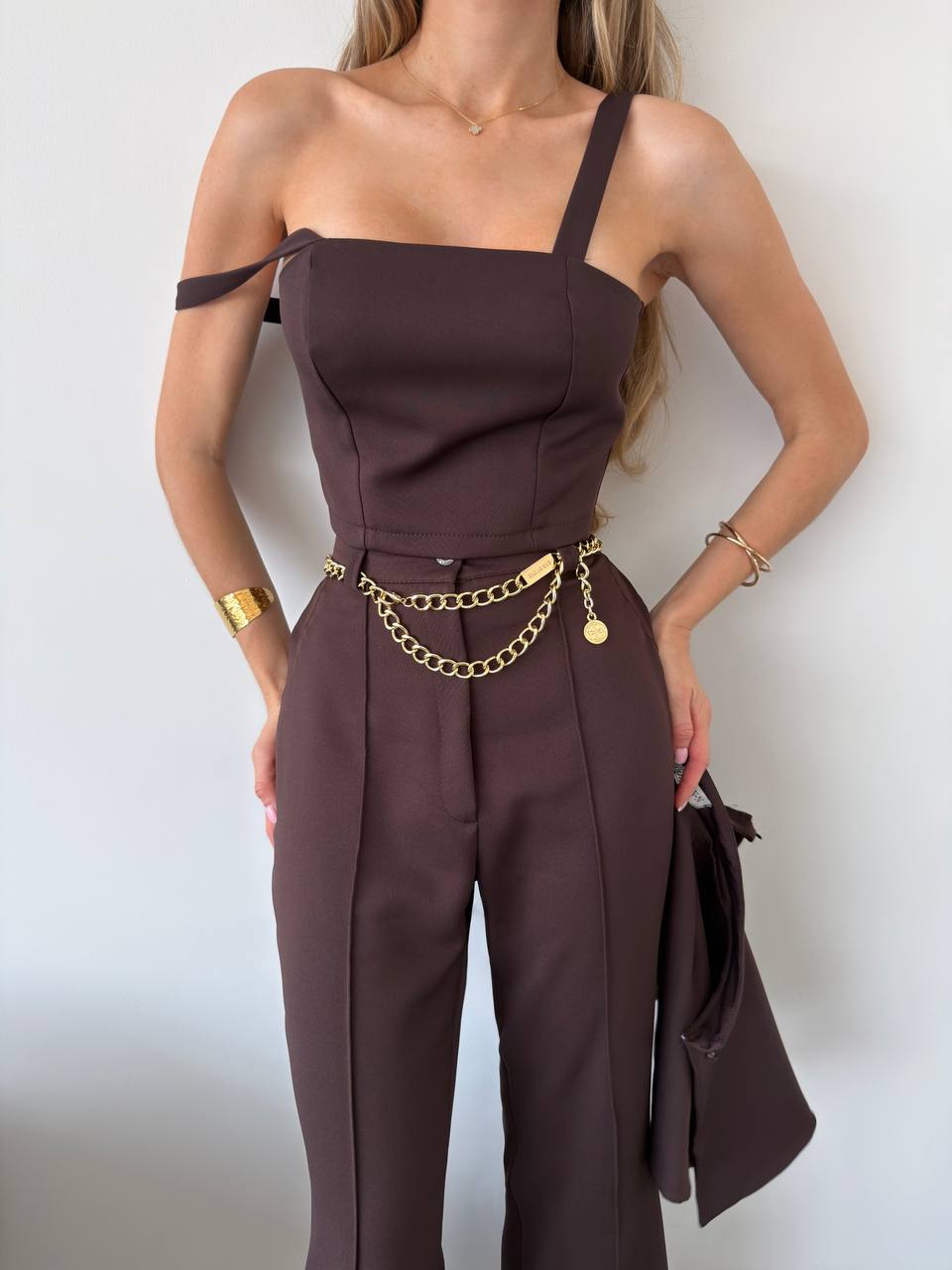 Womens Three Piece Suit Brown Cape Crop Top Flared Pants