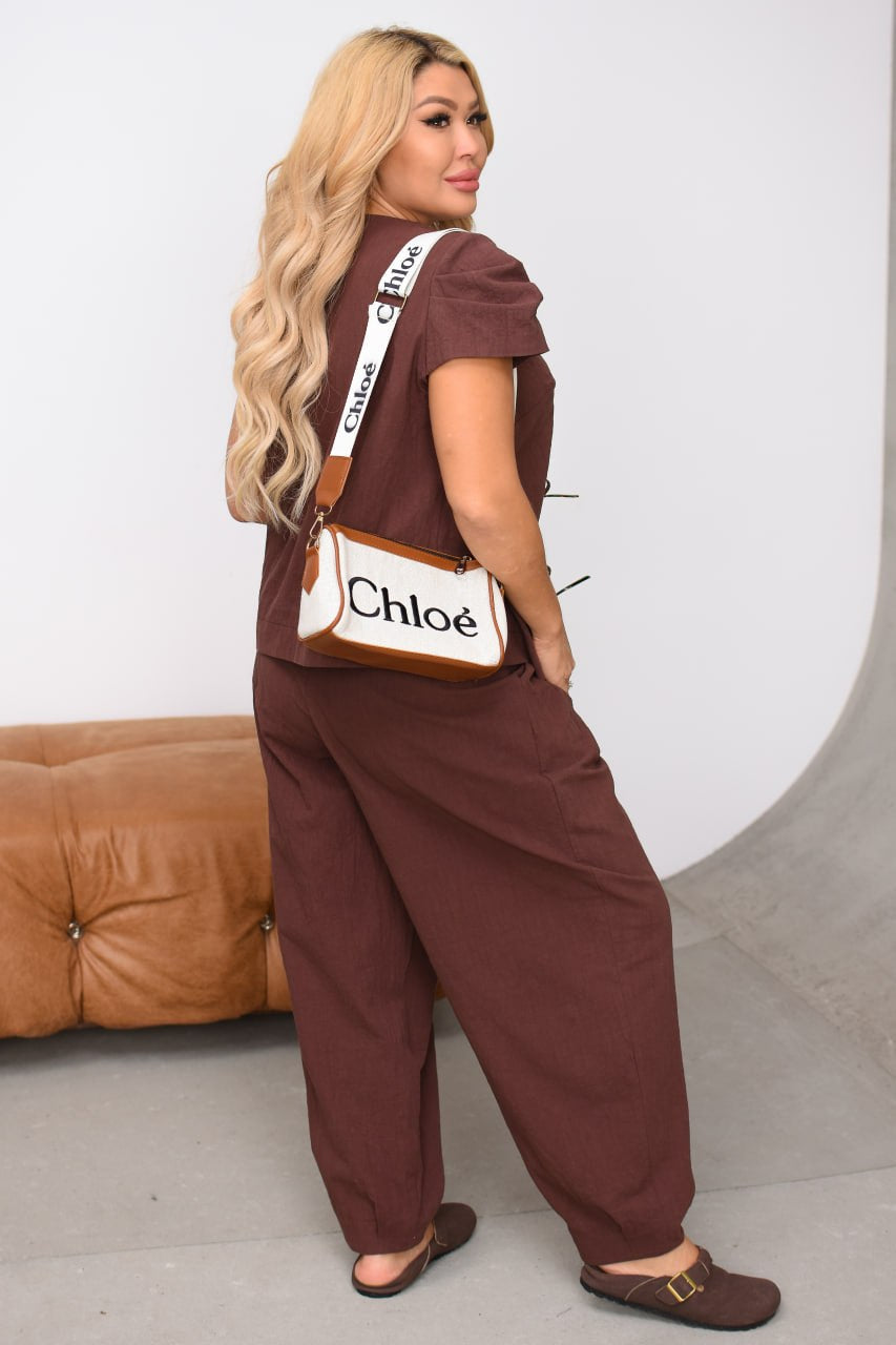 Woman in brown outfit with Chloe bag against a white background