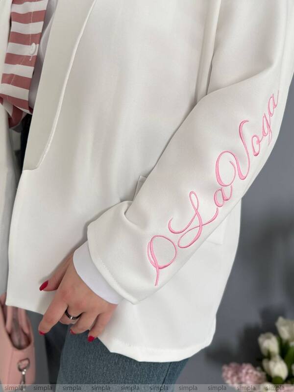 Extended White Blazer with Embroidered Sleeve