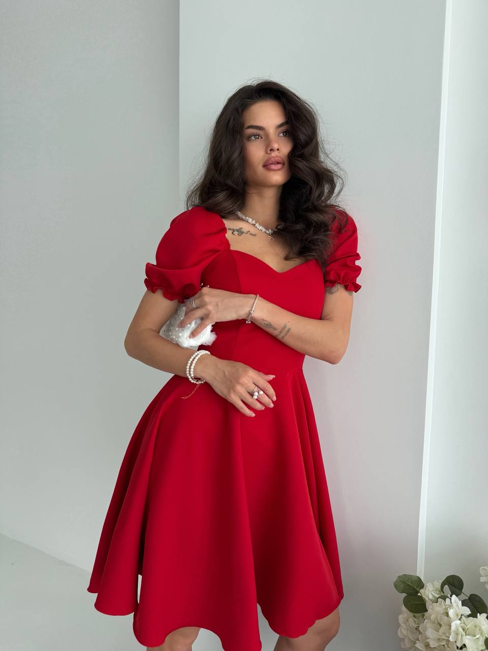 Red Puff Sleeve Fit and Flare A Line Dress Elegant Cocktail Dress