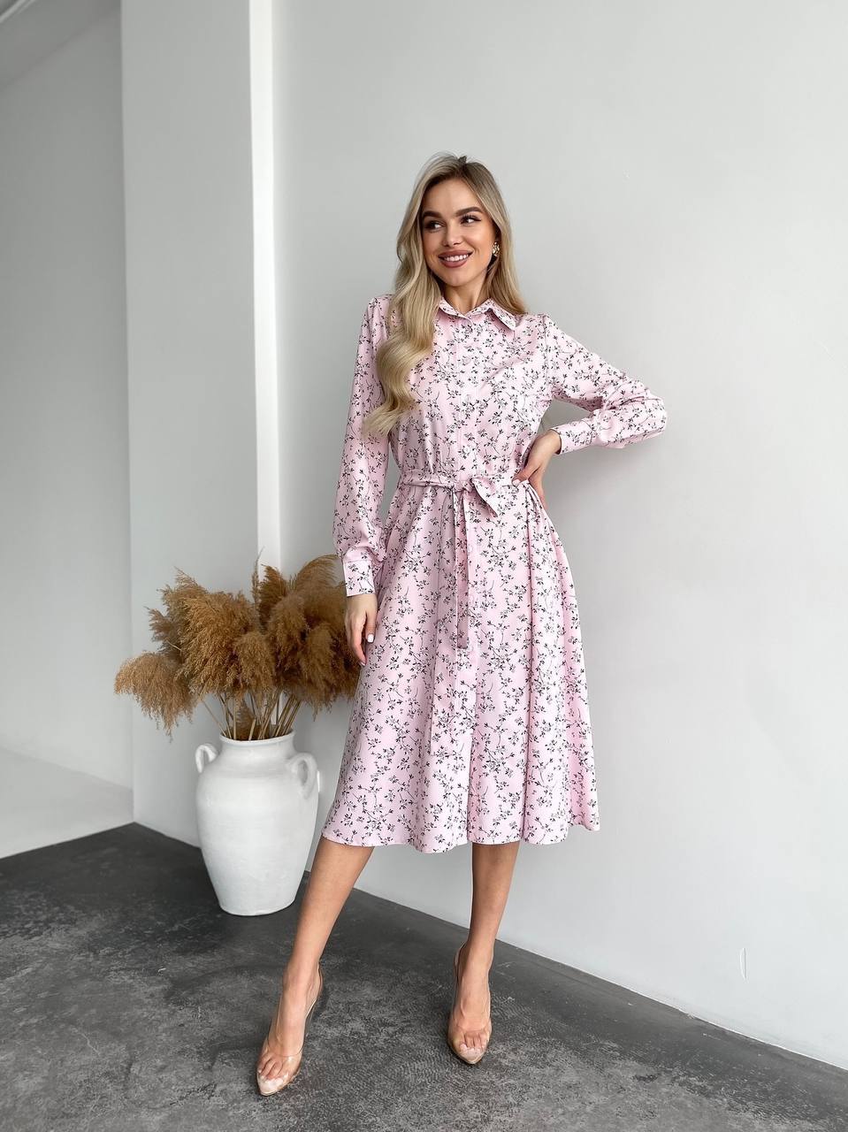 Spring Floral Print Midi Dress with Belt