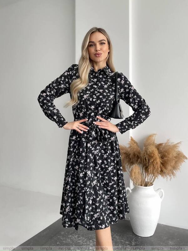 Spring Floral Print Midi Dress in Black with Long Sleeves