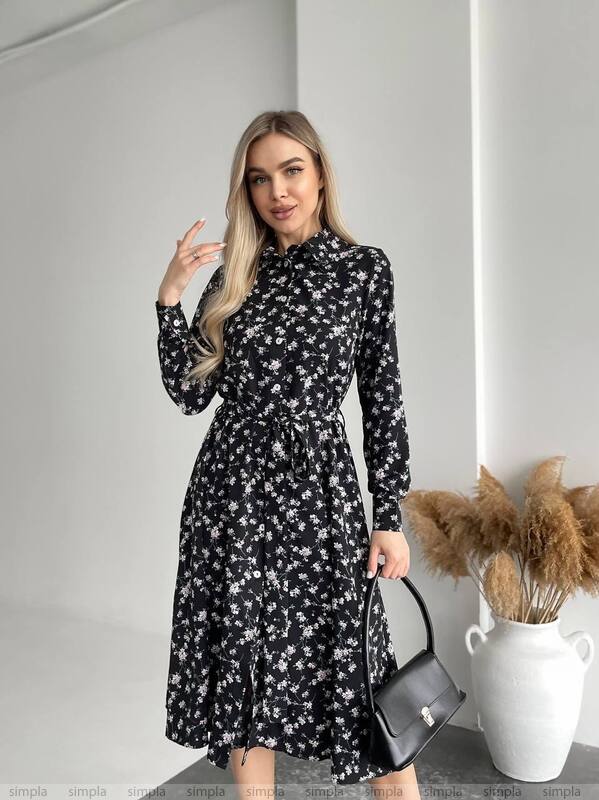 Spring Floral Print Midi Dress in Black with Long Sleeves