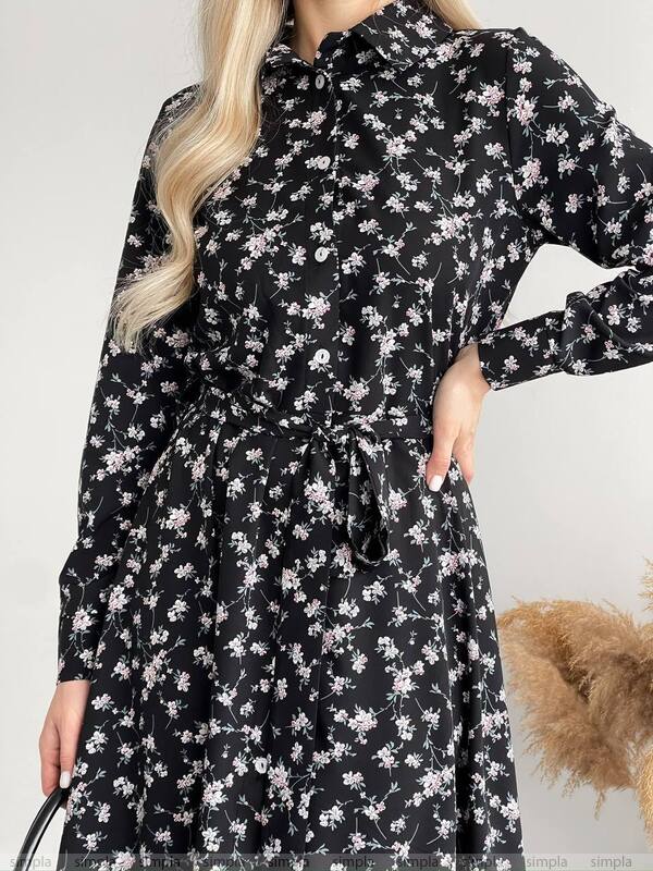 Spring Floral Print Midi Dress in Black with Long Sleeves