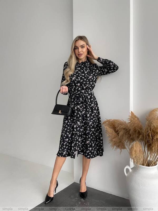 Spring Floral Print Midi Dress in Black with Long Sleeves