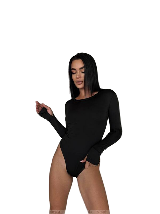 Person wearing a black bodysuit on a white background
