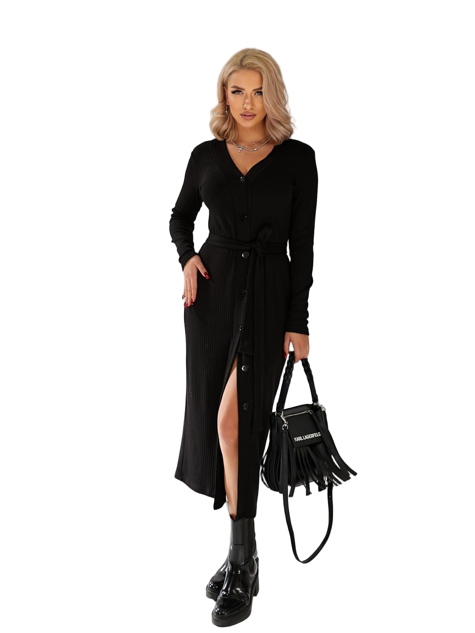Black Knit Midi Dress Button Front Belted Long Sleeve Elegant Fitted Dress