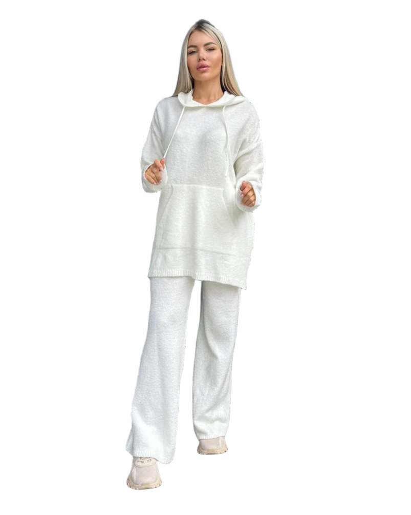 Warm Knitted Two Piece Set Women Autumn Knit Loungewear Tracksuit White