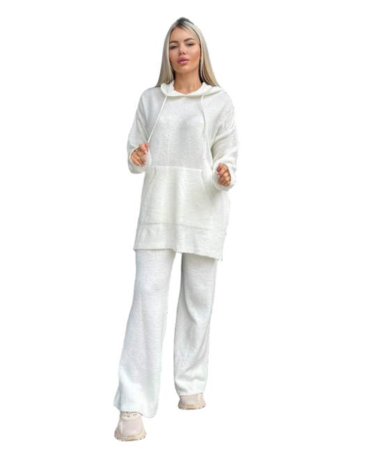 Warm Knitted Two Piece Set Women Autumn Knit Loungewear Tracksuit White