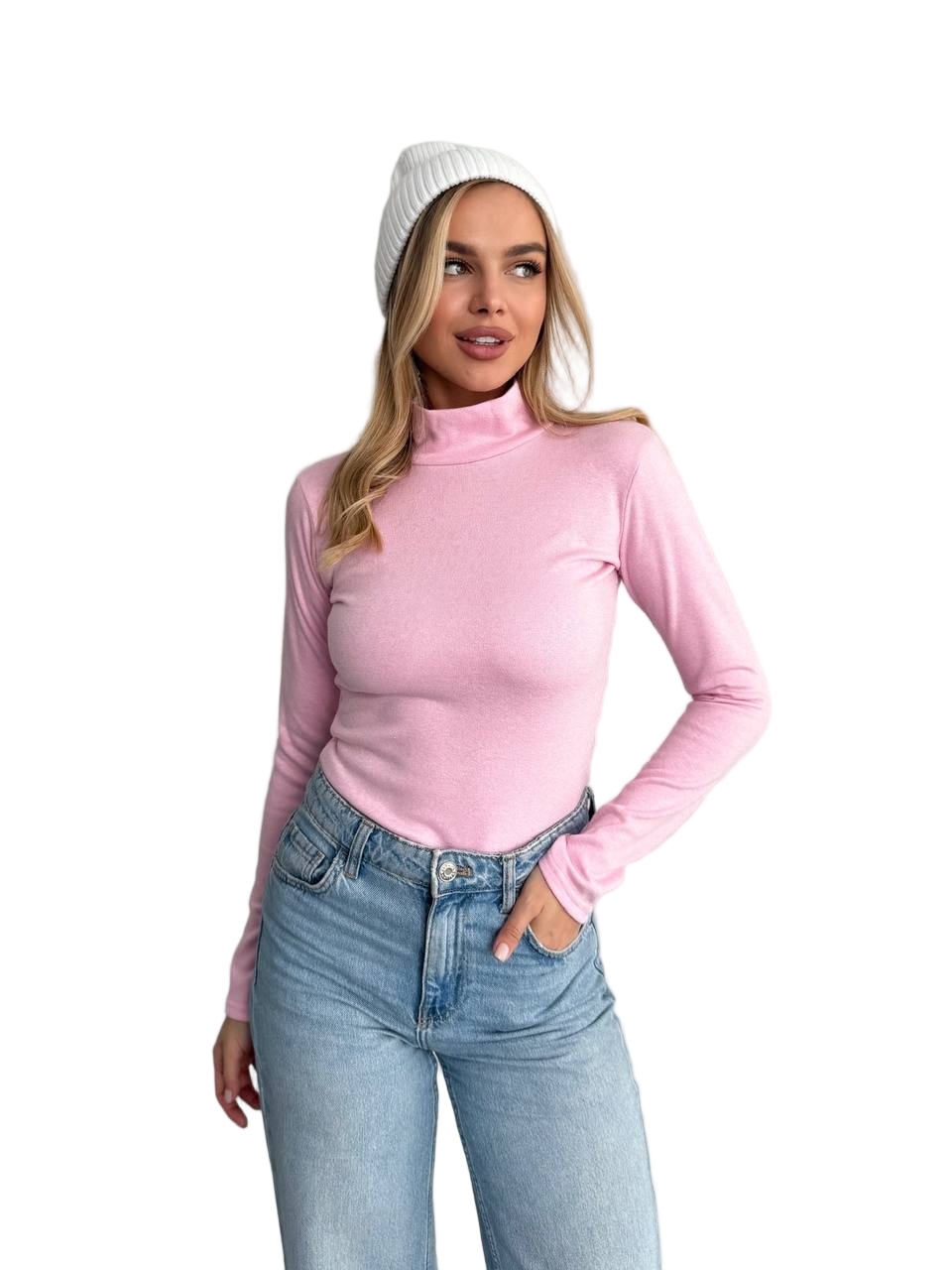 Women Pink Turtleneck Jersey Knit Top Brushed Fleece Long Sleeve
