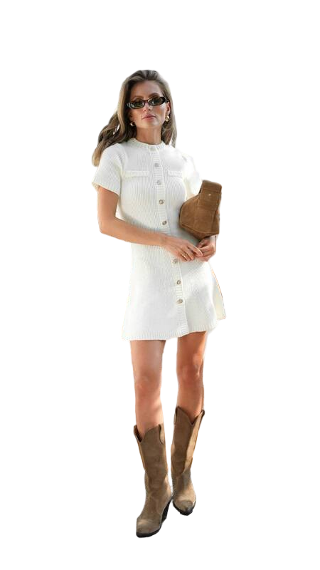 White Short Knit Dress with Button Placket and Retro Pocket Detail