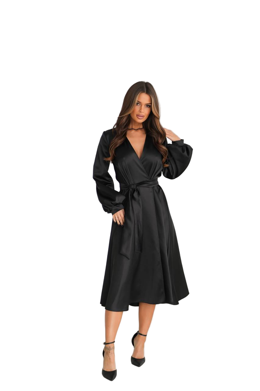 Black Satin Wrap Dress V Neck Belted Midi Long Sleeve