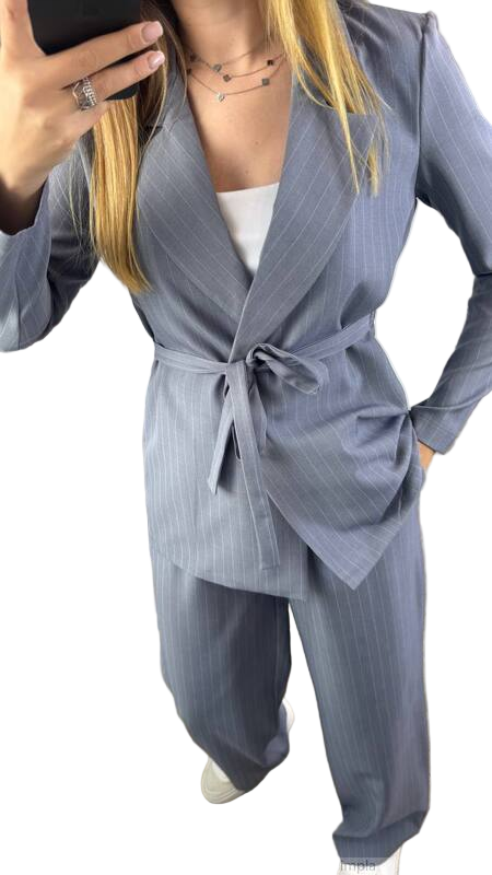 Womens Gray Pinstripe Cotton Suit Loose Fit Jacket and Pants
