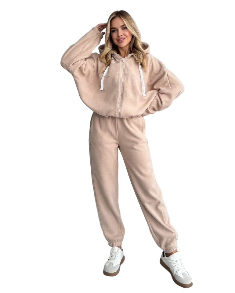 Beige Polar Fleece Tracksuit Women Oversized Zip Hoodie Joggers Warm Loungewear Set