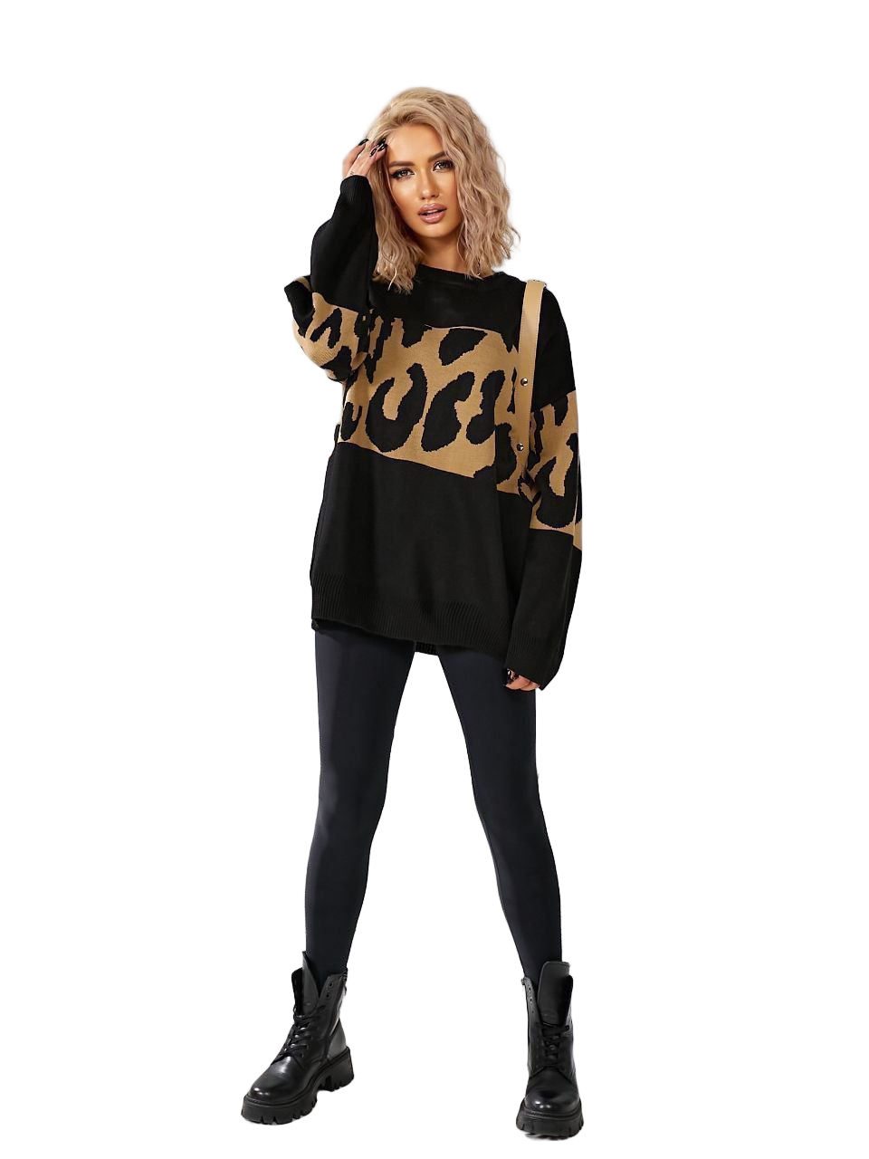 Oversized Longline Knit Sweater Black Tan Leopard Print Pullover