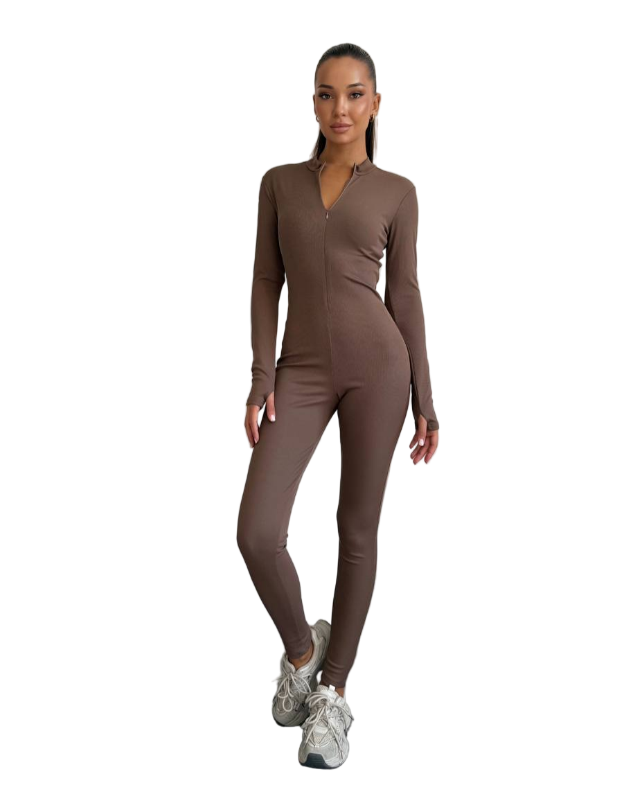 Brown Rib Stretch Jumpsuit Long Sleeve Zip Front Slim Fit