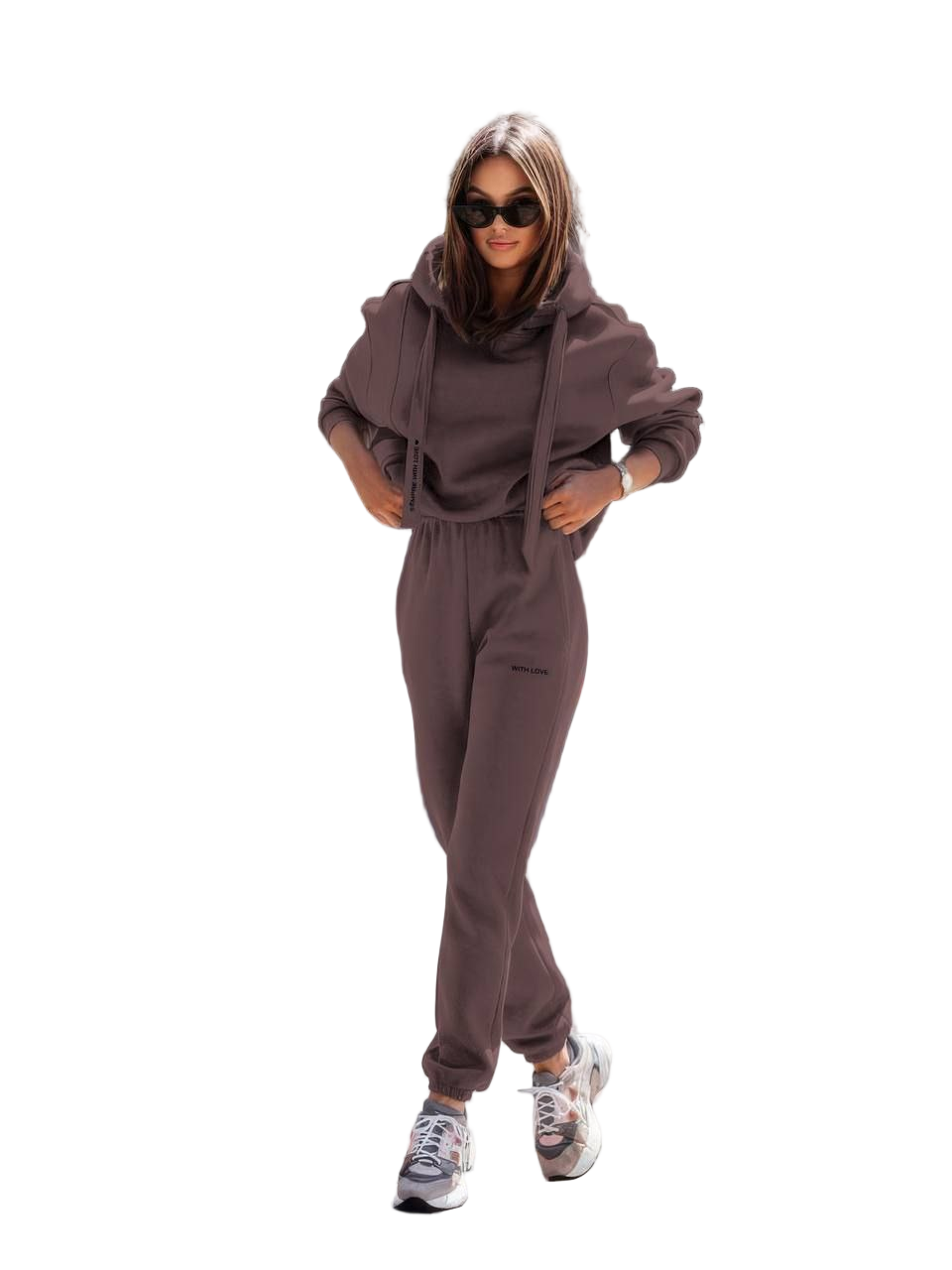 Womens Tricot Fleece Tracksuit Hoodie and Joggers Set Mauve Brown