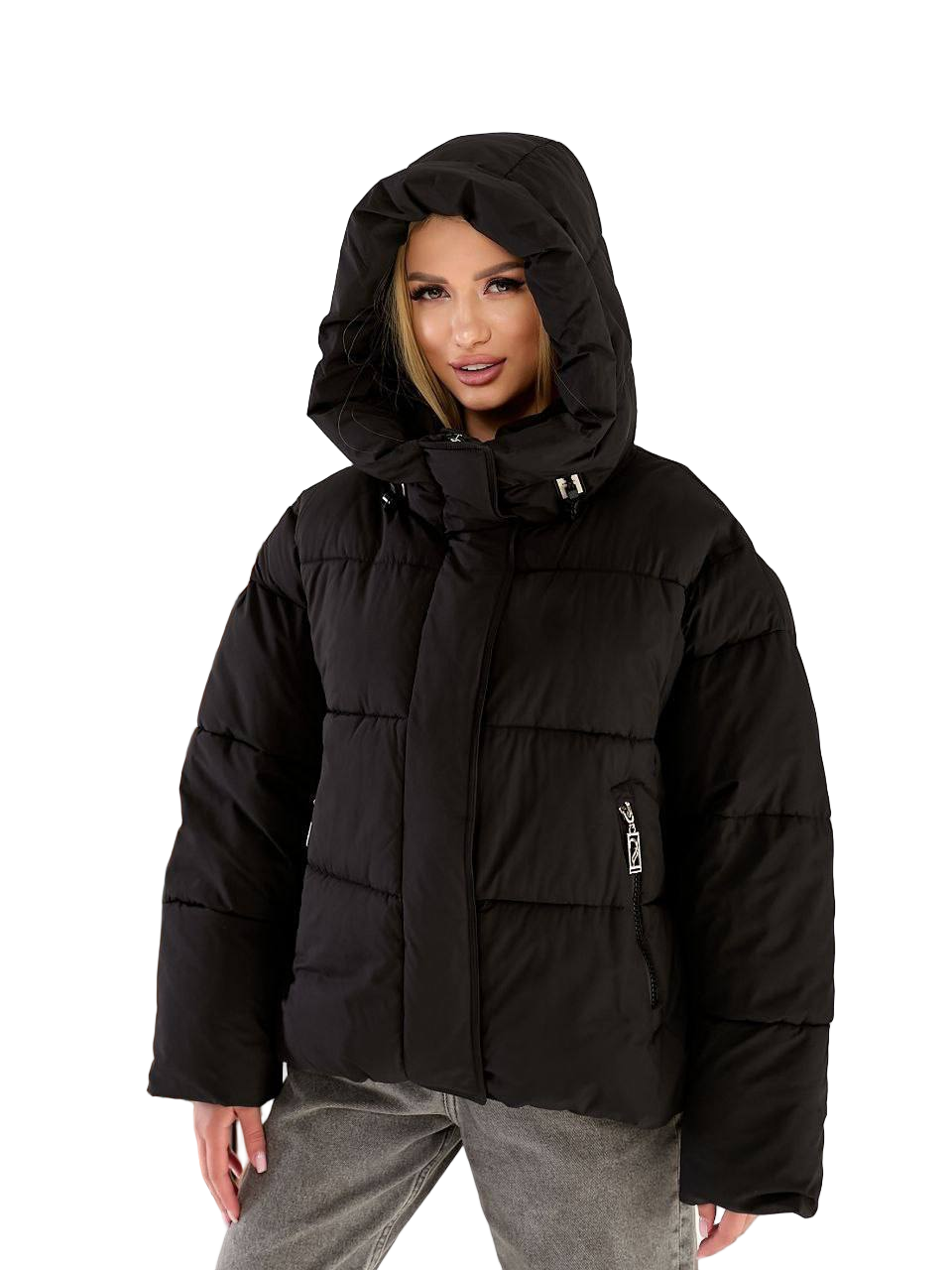 Person wearing a black puffer jacket on a white background