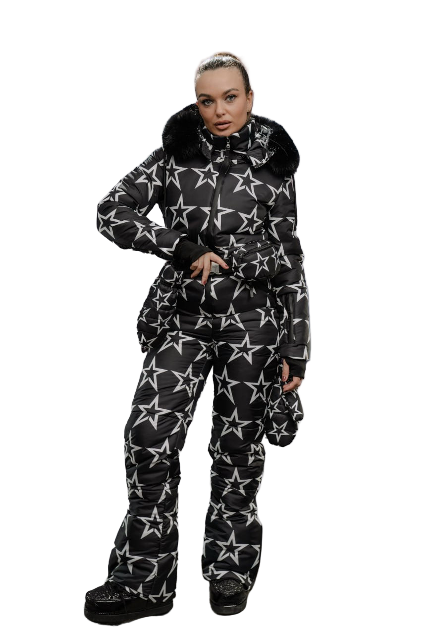 Womens Black Star Print Winter Overall Water Repellent Insulated Ski Suit