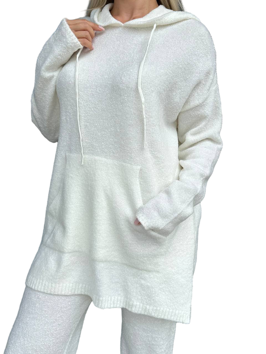 White hoodie worn by a person on a white background