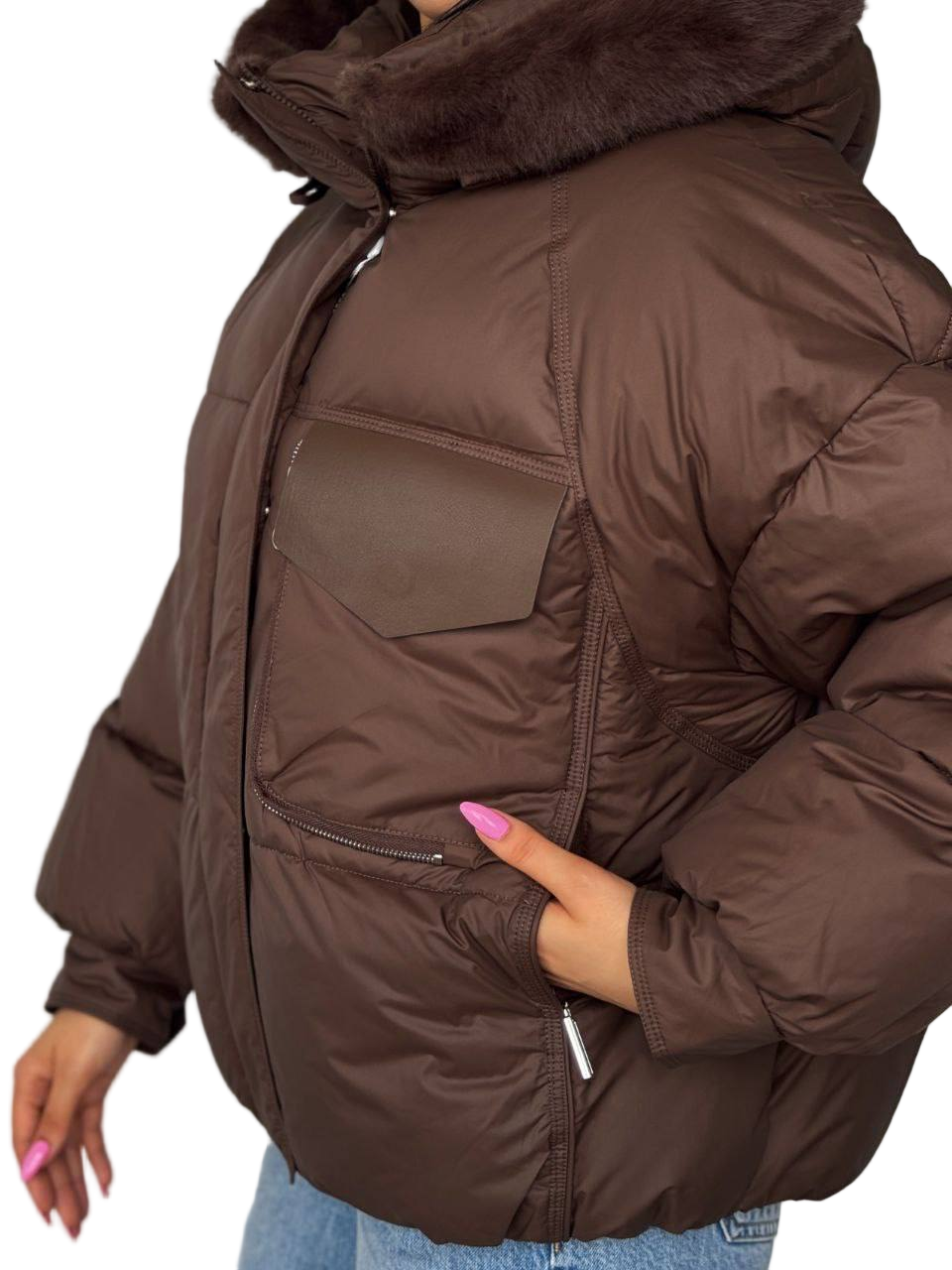 Brown puffer jacket with fur hood on a white background
