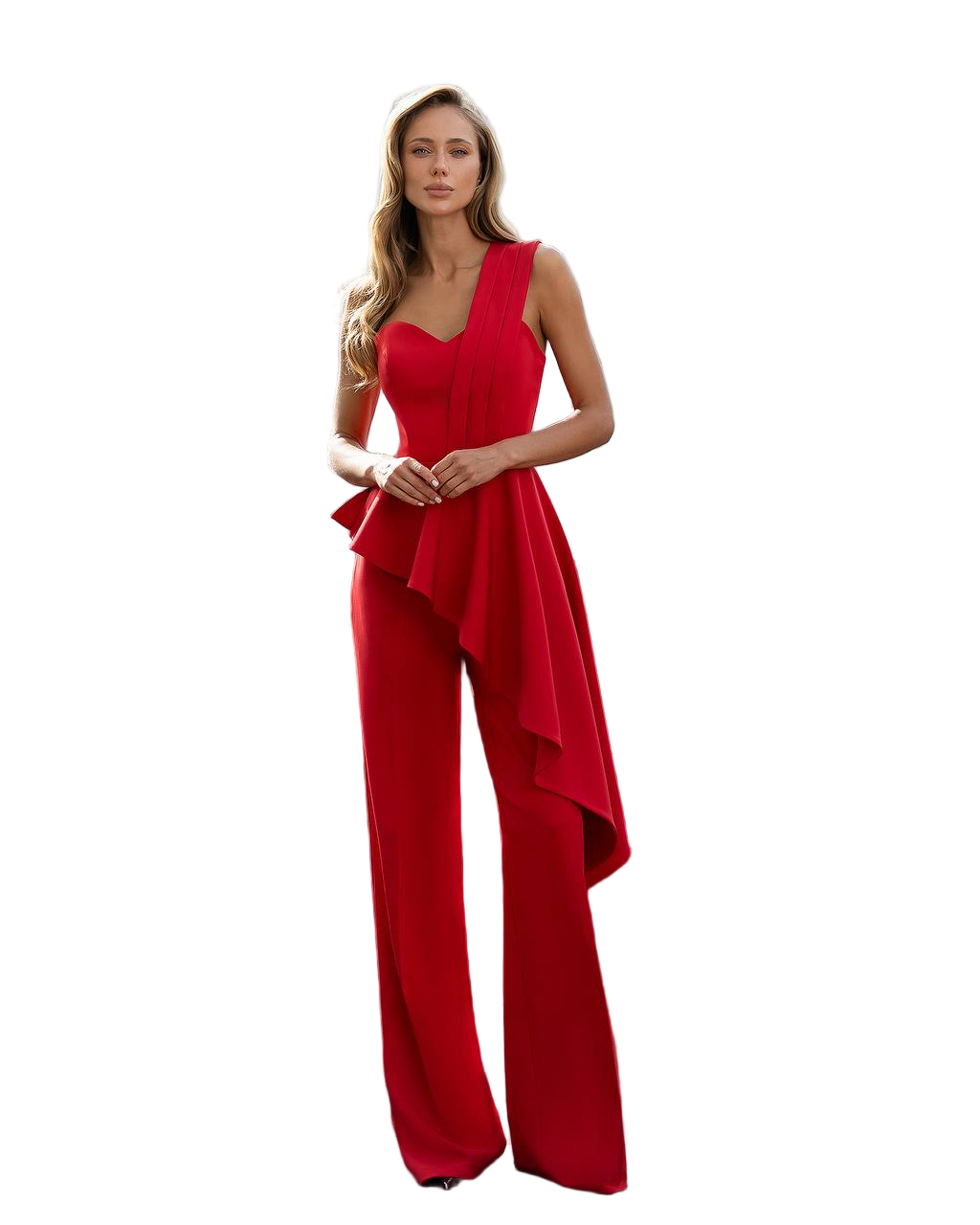 Red Peplum Top and Pants Suit Premium Class Suiting Crepe Diagonal