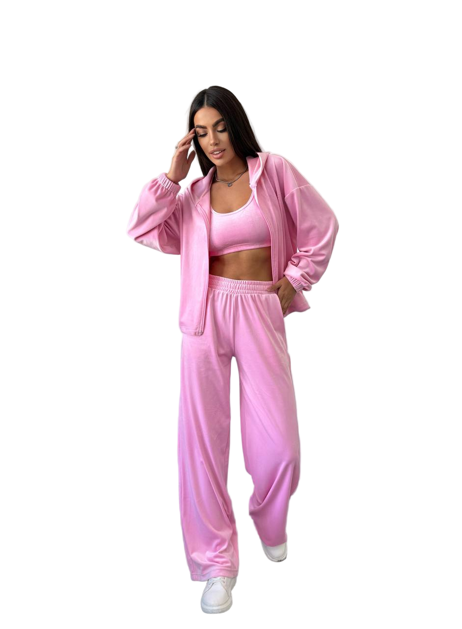 Pink Soft Velour Three-Piece Suit with Zip Jacket and Palazzo Pants