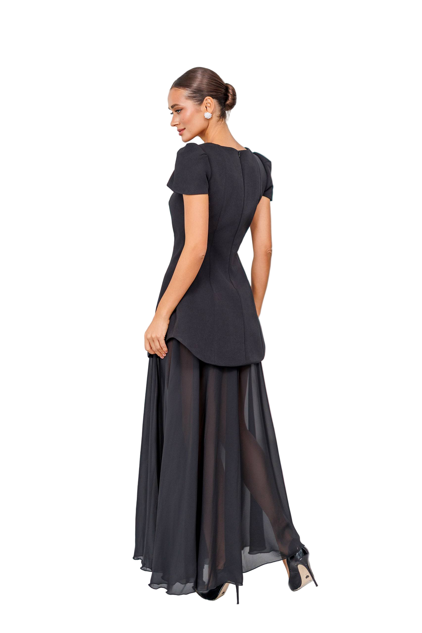 Black Peplum Evening Dress with Chiffon Skirt Diagonal Crepe Peplum Gown