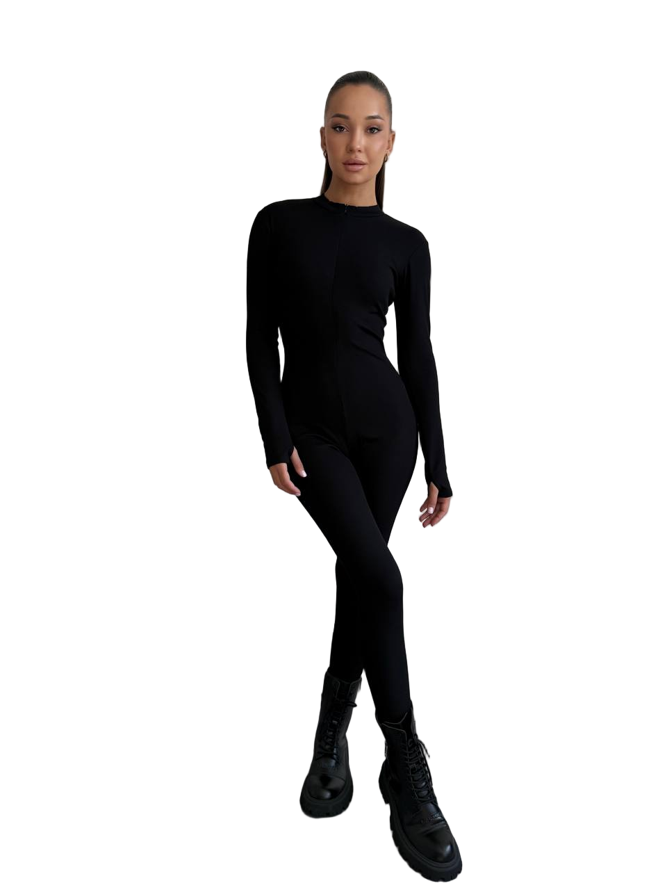 Black Stretch Rib Jumpsuit Long Sleeve Slim Fit Zip Front