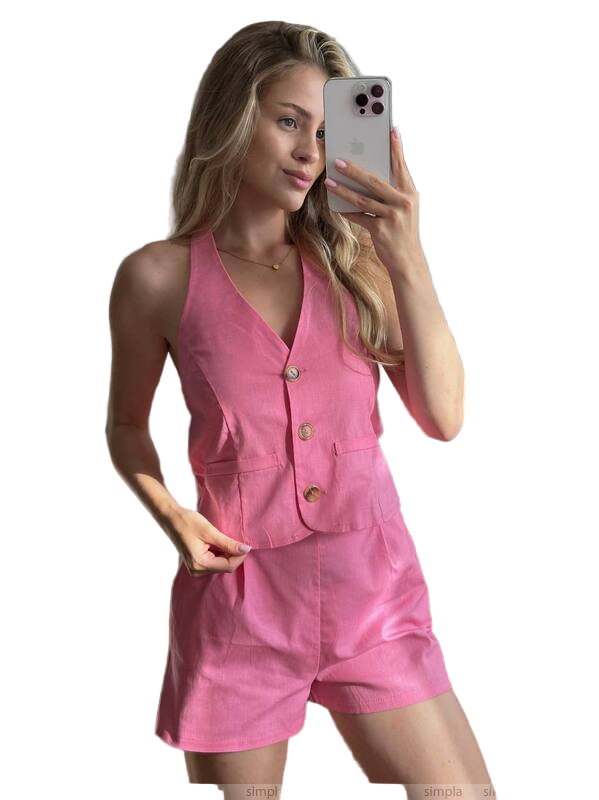 Trendy Pink Linen Sleeveless Suit with Shorts