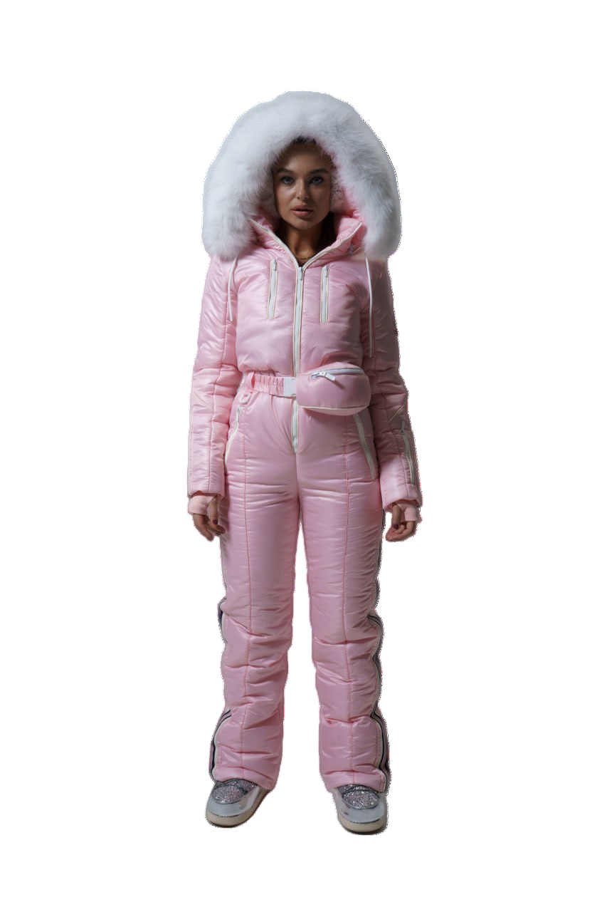 Womens Winter Insulated Ski Jumpsuit Pink Water Repellent Luxury Fox Fur Hood