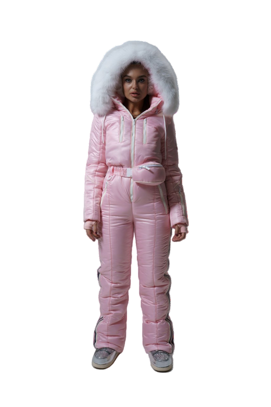 Womens Winter Insulated Ski Jumpsuit Pink Water Repellent Luxury Fox Fur Hood