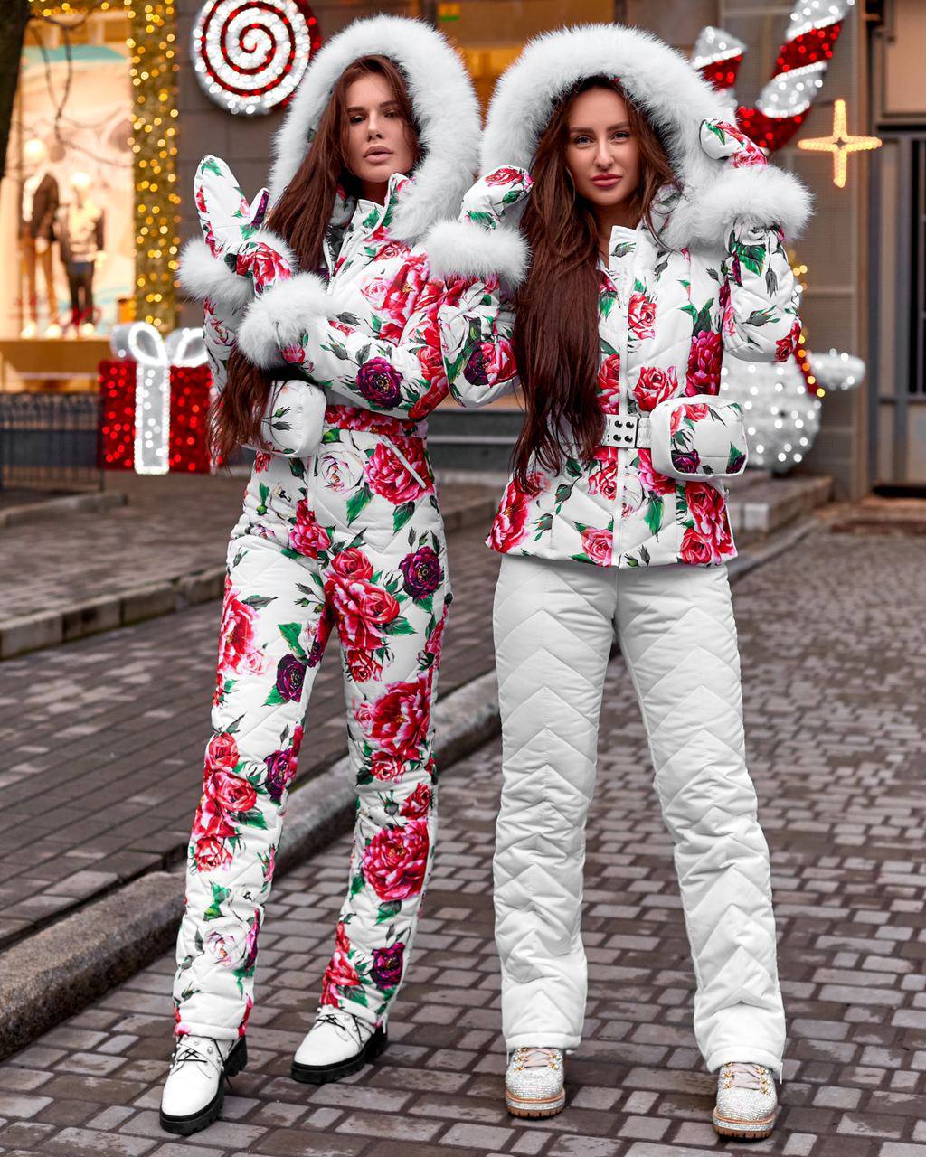 Women and Kids Floral Ski Jumpsuit Winter Snow Suit with Mittens and Bag