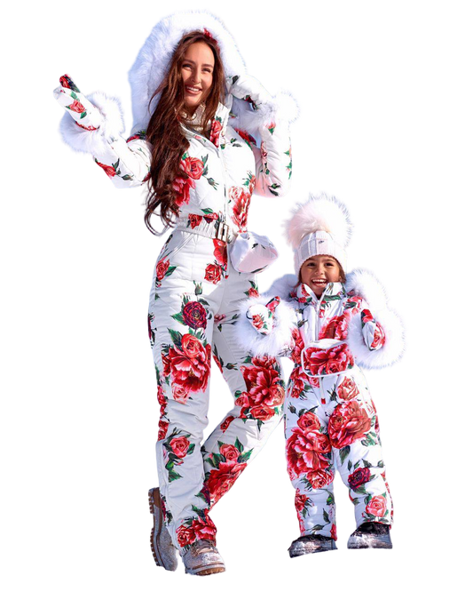 Women and Kids Floral Ski Jumpsuit Winter Snow Suit with Mittens and Bag