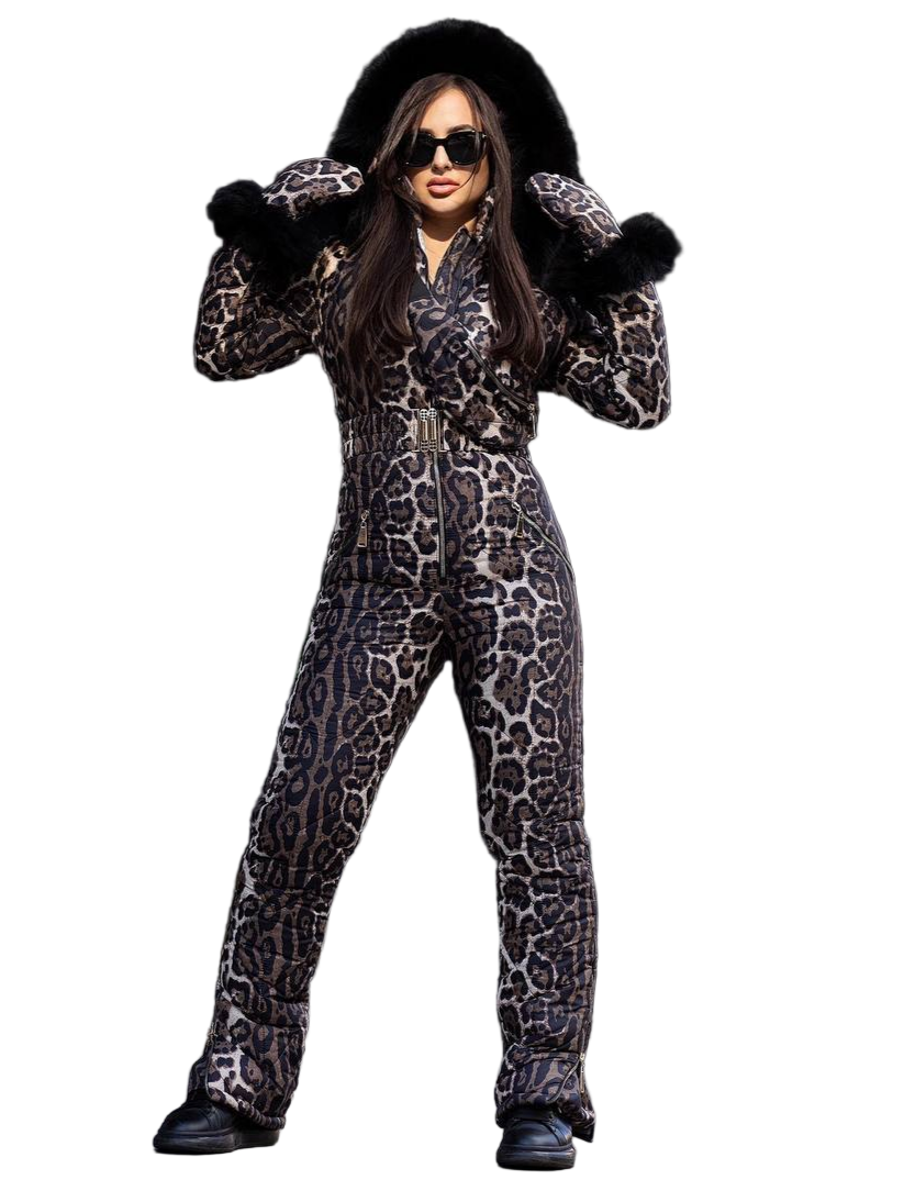 Leopard Print Women And Kids Ski Jumpsuit with Belt Mittens and Bag Winter Insulated Snow Suit