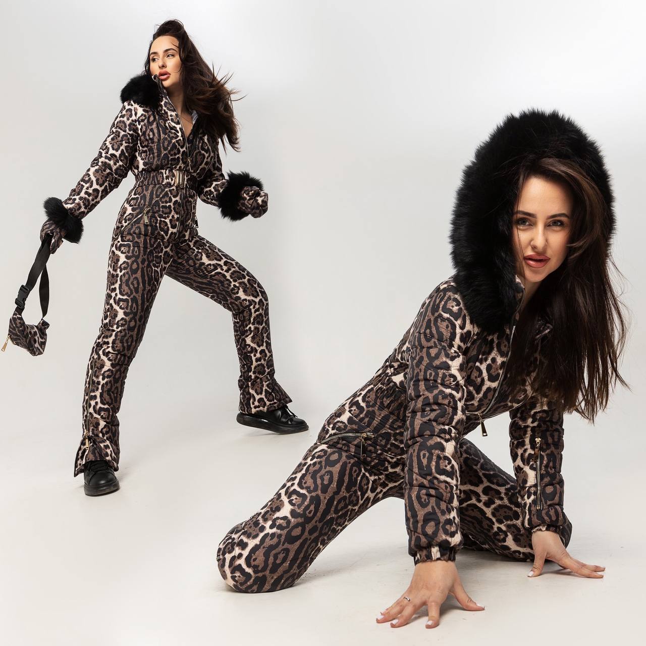 Two women wearing leopard print outfits with fur accents on a white background