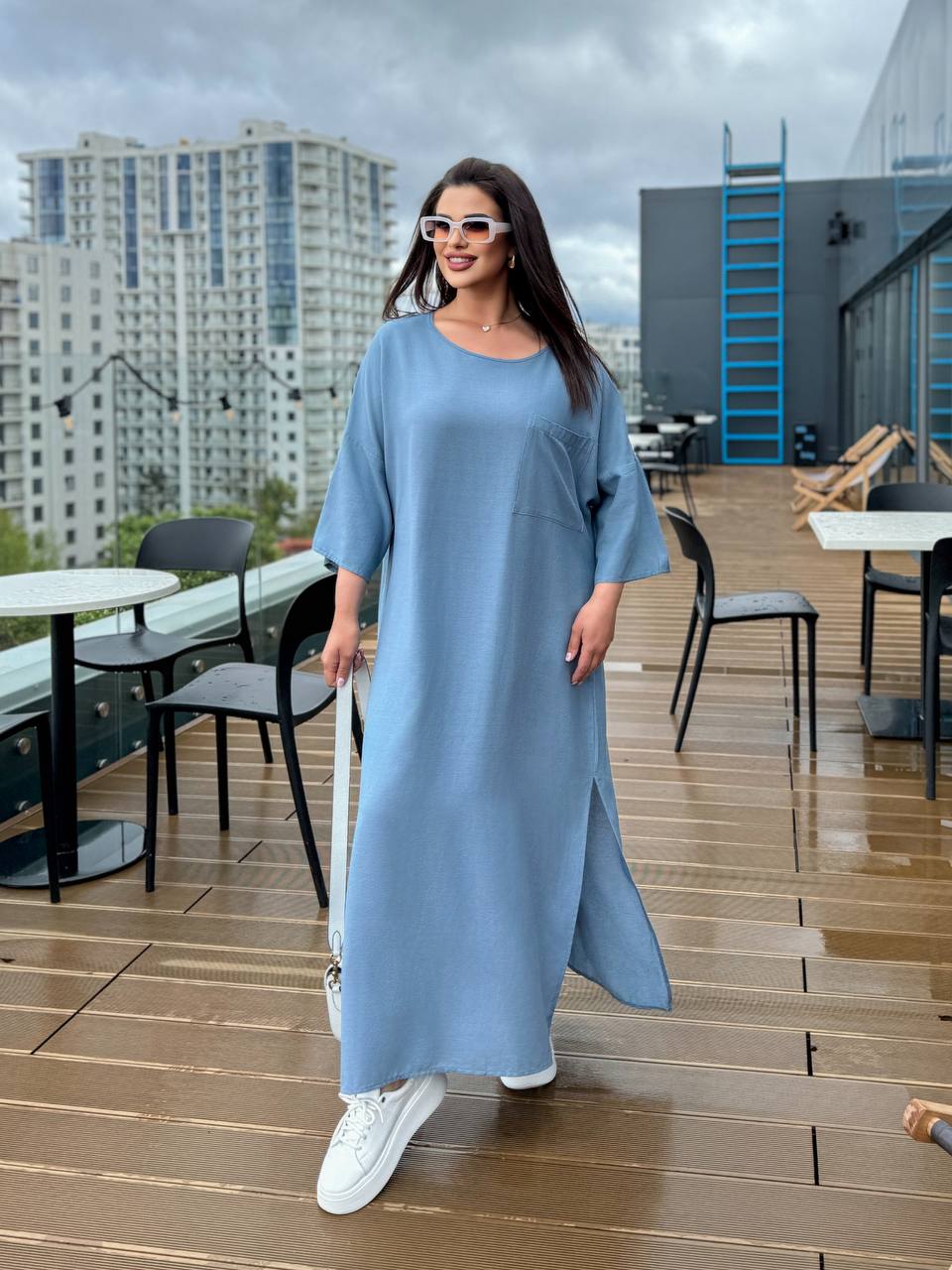 Casual Blue Linen Maxi Dress with Side Slits and Pocket