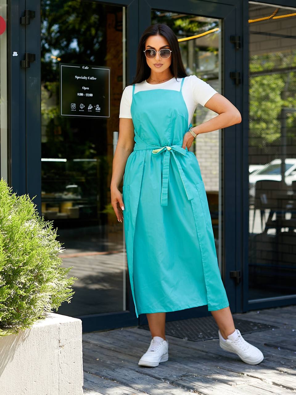 Womens Cotton Poplin Sarafan Dress Turquoise